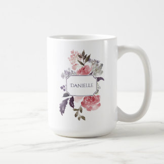 Pink Peonies Purple and Green Leaves Monogram Coffee Mug