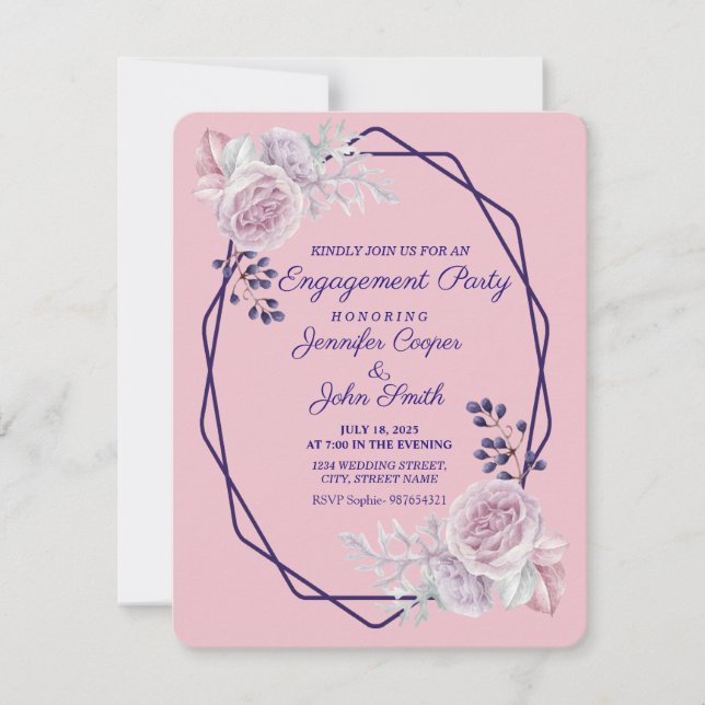 Pink Peonies Purple Geometric Frame Engagement Invitation (Front)