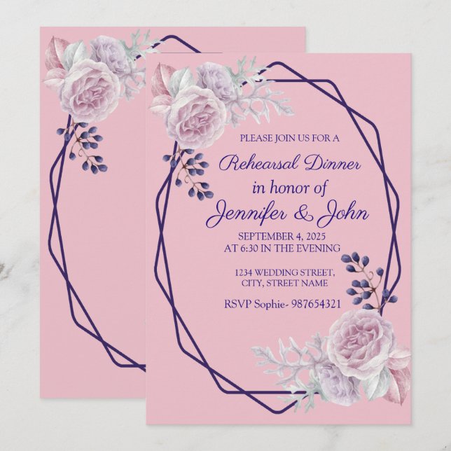 Pink Peonies Purple Geometric Frame Invitation (Front/Back)