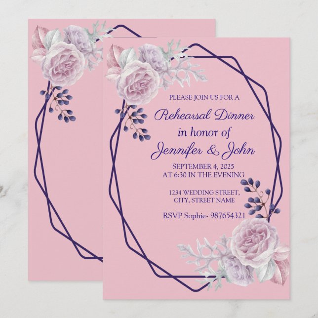 Pink Peonies Purple Geometric Frame Invitation (Front/Back)