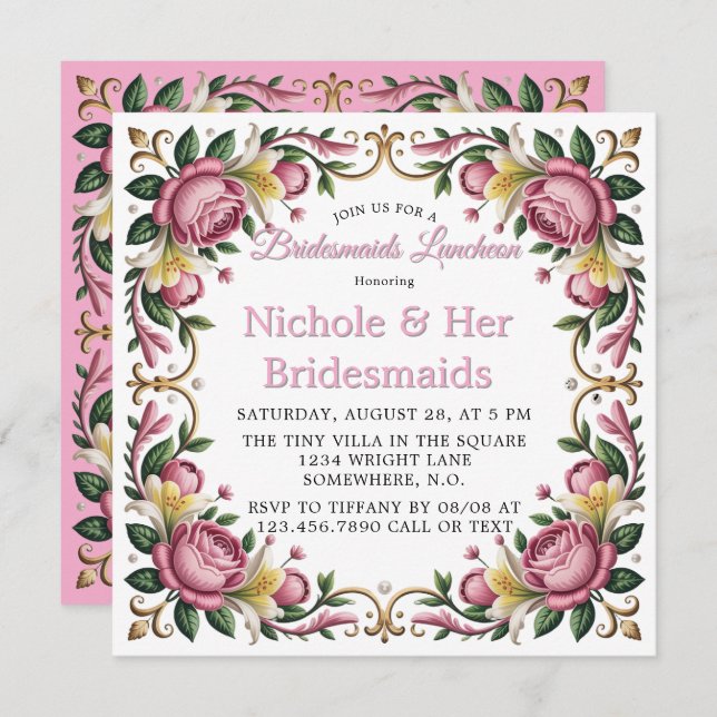 Pink Peonies Rococo Frame Bridesmaids Luncheon Invitation (Front/Back)