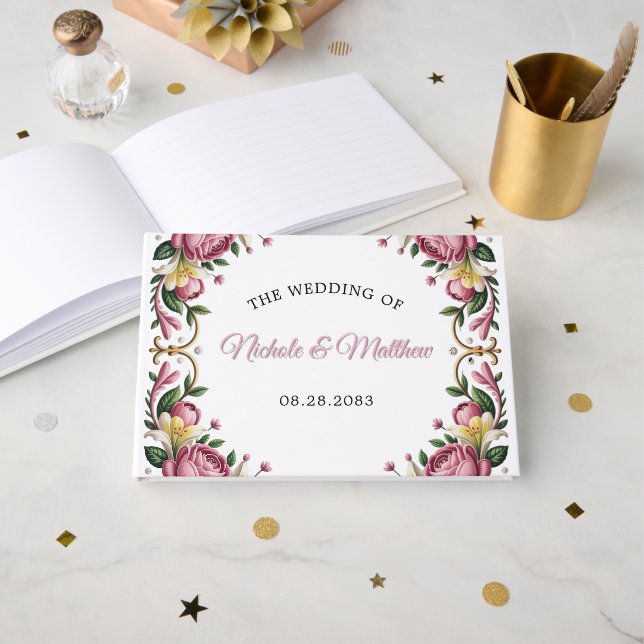 Pink Peonies Rococo Frame Wedding Guest Book (Front Open)