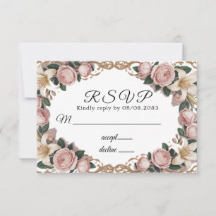 Pink Peonies Rococo Frame Wedding RSVP Card