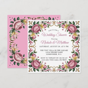 Pink Peonies Rococo Frame Wedding Shower Invitation