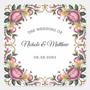 Pink Peonies Rococo Frame Wedding Square Sticker