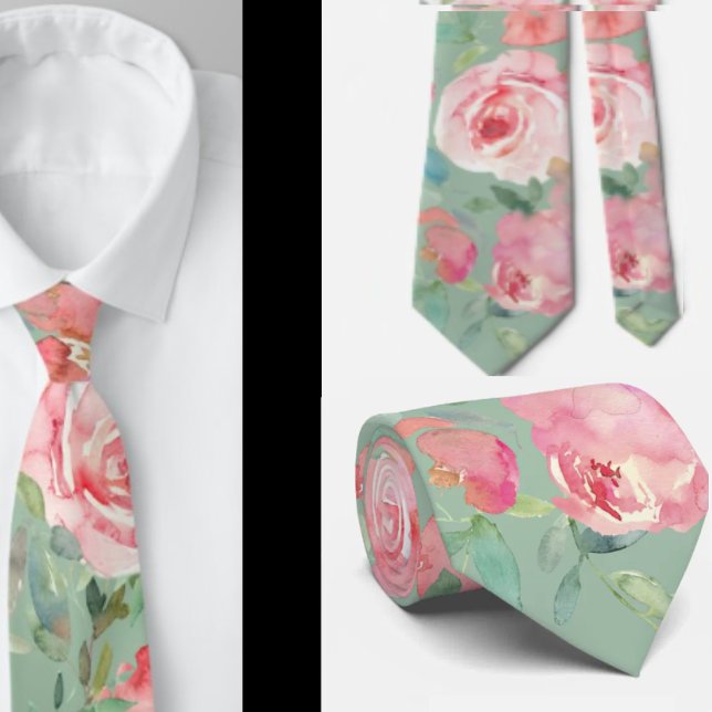 Pink Peonies Roses Green Greenery Floral Neck Tie (Creator Uploaded)
