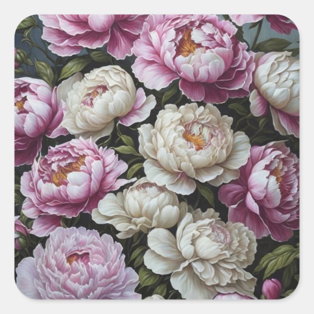 Pink peonies square sticker (Front)