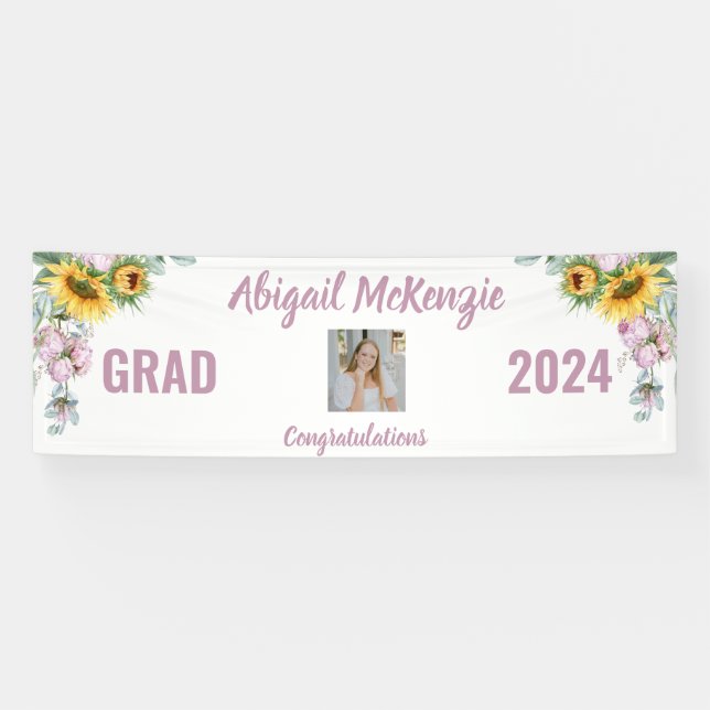 Pink Peonies Sunflower Photo Graduation Banner (Horizontal)