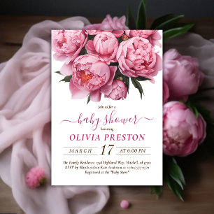 Pink Peonies Watercolor Baby Shower Invitation