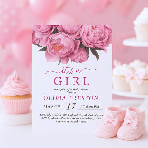 Pink Peonies Watercolor Baby Shower It's A Girl Invitation