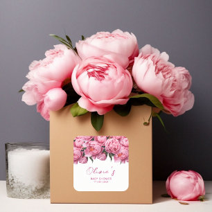 Pink Peonies Watercolor Baby Shower Square Sticker