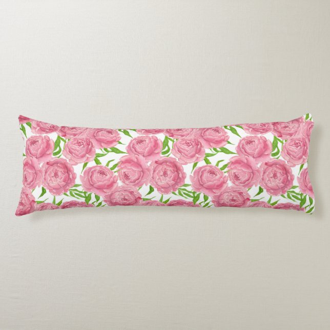 Pink peonies watercolor body pillow (Front)