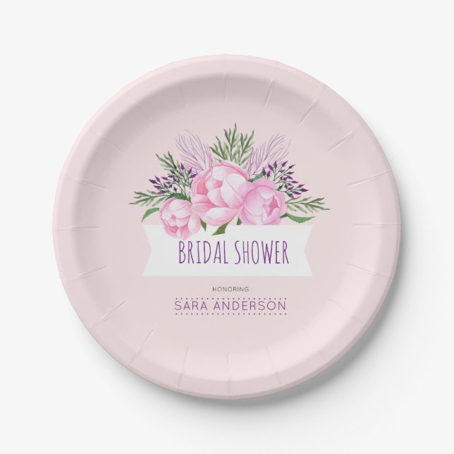 Pink Peonies Watercolor Bridal Shower Paper Plate (Front)