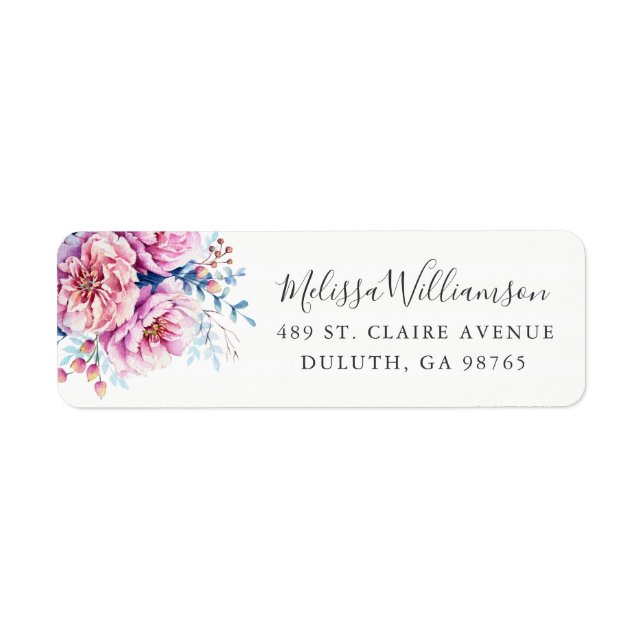 Pink Peonies Watercolor Floral Return Address (Front)