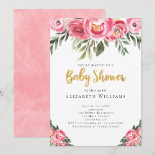 Pink Peonies Watercolor Flowers Girl Baby Shower Invitation