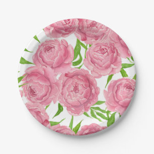 Pink peonies watercolor paper plate