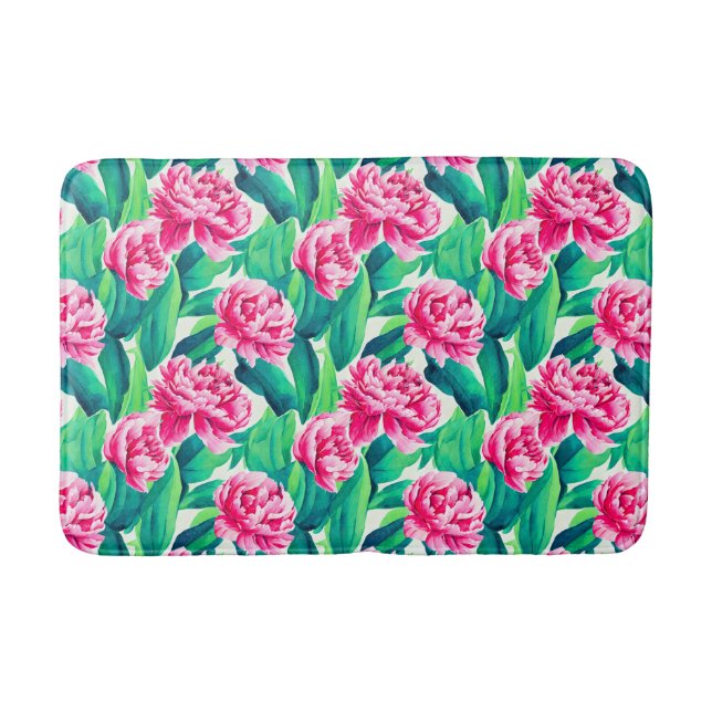 Pink Peonies Watercolor Print  Bath Mat (Front)