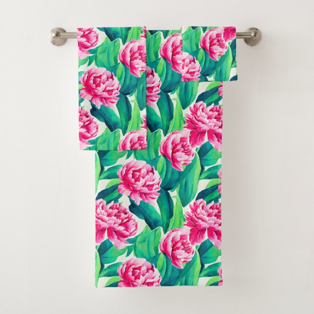 Pink Peonies Watercolor Print   Bath Towel Set (Insitu)