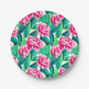 Pink Peonies Watercolor Print Paper Plate