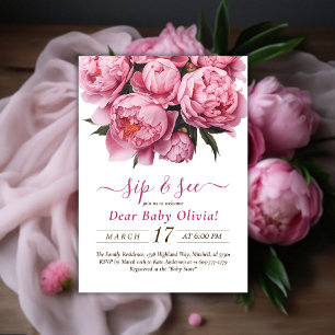 Pink Peonies Watercolor Sip and See Invitation