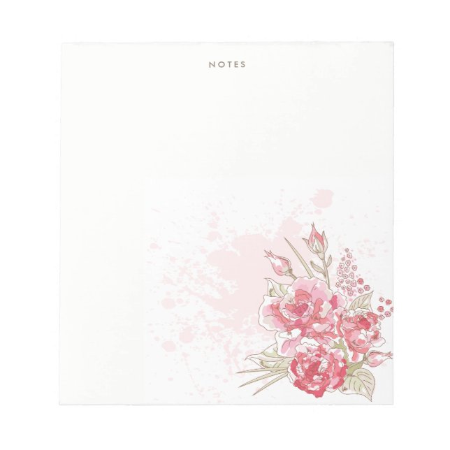 Pink Peonies Watercolor Splatter Custom Notepad (Front)