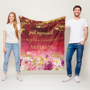 Pink Peonies Wedding Ring Red Gold Just Married Fleece Blanket