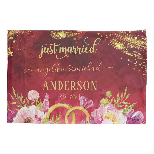 Pink Peonies Wedding Ring Red Gold Just Married Pillowcase (Back)