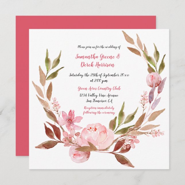 Pink Peonies, Wildflowers, Greenery Wreath Wedding Invitation (Front/Back)