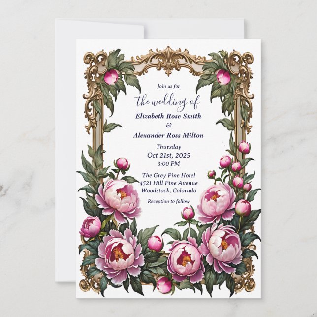 Pink peonies with beautiful art frame wedding  invitation (Front)