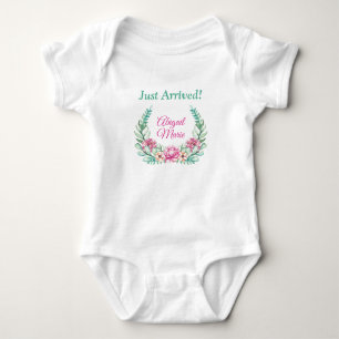 Pink Peonies Wreath Personalized Just Arrived Baby Bodysuit