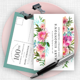 Pink Peony 100th Birthday Invitation Postcard