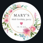 Pink Peony 90th Birthday Party Favour Classic Round Sticker<br><div class="desc">Chic and elegant 90th birthday party favour seal. A double gold frame surrounds the birthday woman's name, and the date. Elegant pink peonies decorate the frame. The peony flowers have dark magenta centres and fade out to light pink. A small pink heart is placed in the centre of the seal....</div>