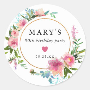 Pink Peony 90th Birthday Party Favour Classic Round Sticker