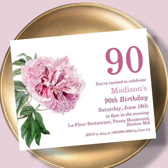 Pink Peony | 90th Budget Birthday Invitation (Creator Uploaded)