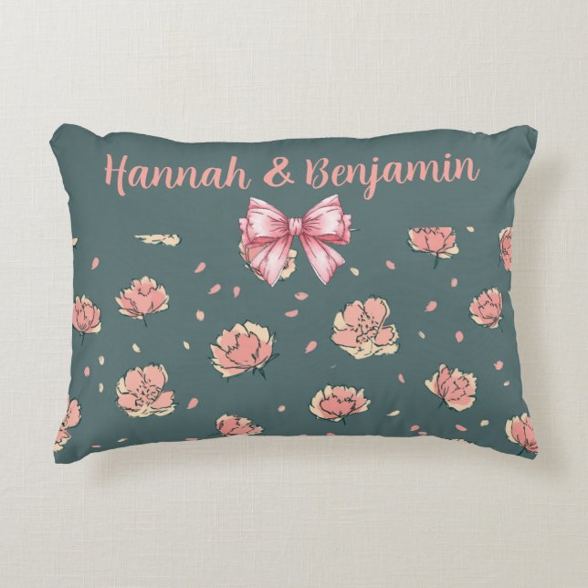 Pink Peony and Bow Pattern Accent Pillow (Front)