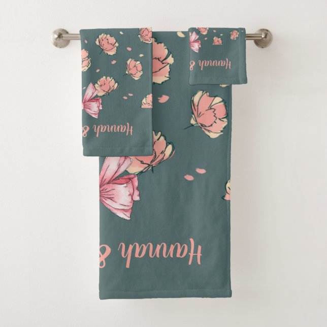 Pink Peony and Bow Pattern Bath Towel Set (Insitu)