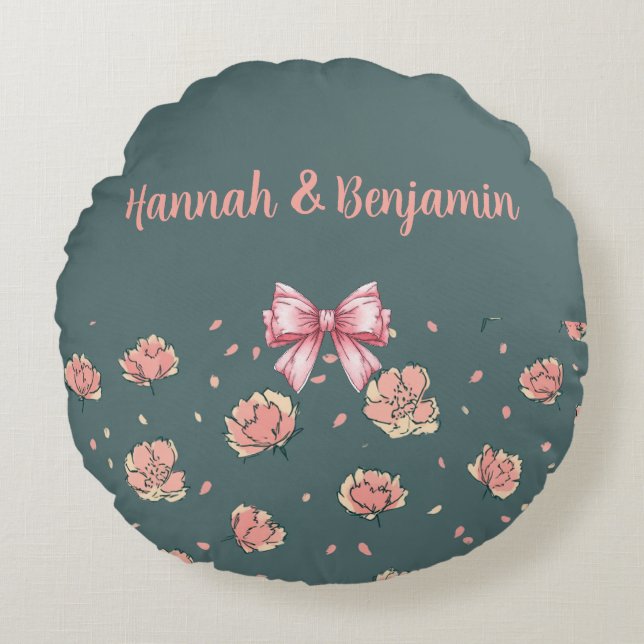 Pink Peony and Bow Pattern Round Pillow (Front)