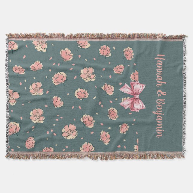 Pink Peony and Bow Pattern Throw Blanket (Front)