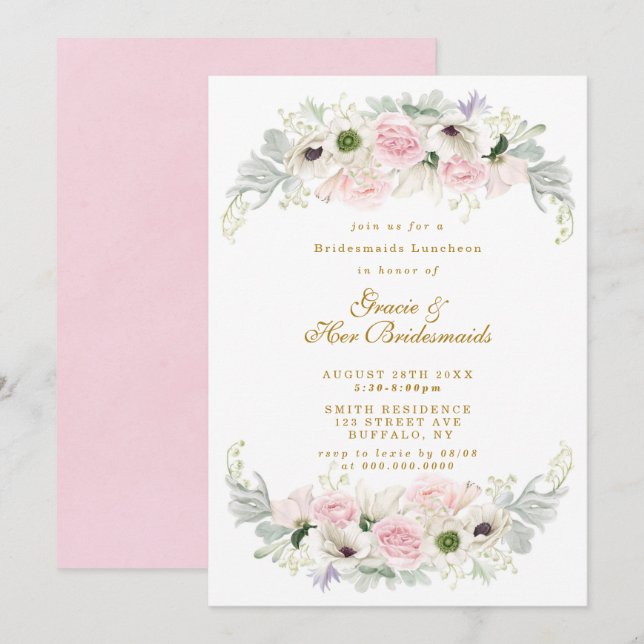Pink Peony Anemone Bridesmaids Invitation de déjeu (Devant / Derrière)