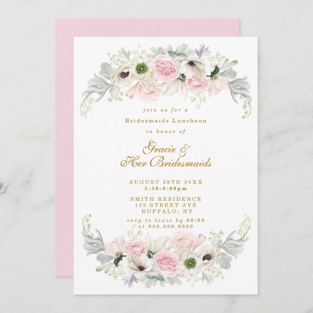 Pink Peony Anemone Bridesmaids Luncheon Invite (Front/Back)