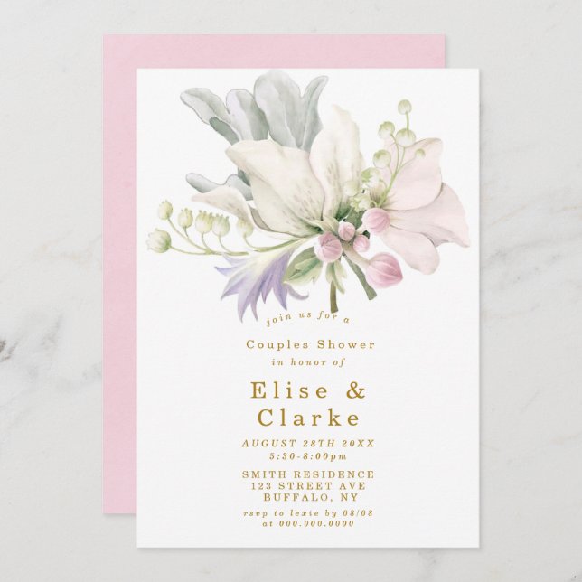 Pink Peony Anemone Gold Couples Invitation douche (Devant / Derrière)