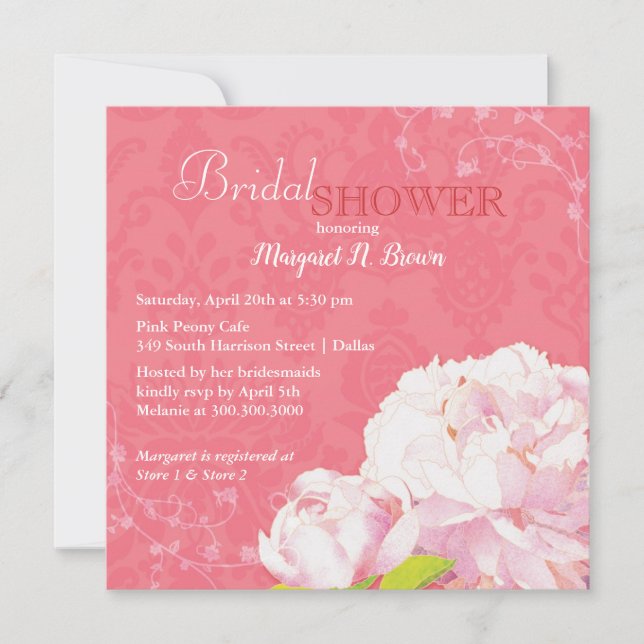 Pink Peony Blooms Summer Bridal Shower Invitation (Front)