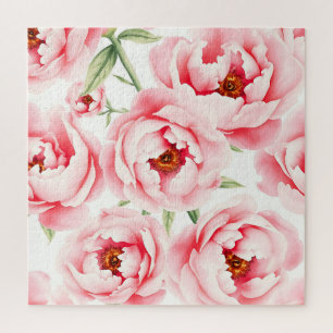 Pink Peony Blooms Watercolor Pattern Jigsaw Puzzle