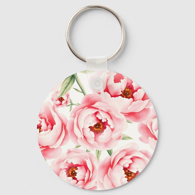 Pink Peony Blooms Watercolor Pattern Keychain (Front)
