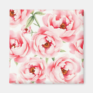 Pink Peony Blooms Watercolor Pattern Magnet