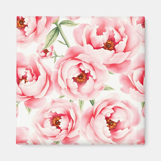 Pink Peony Blooms Watercolor Pattern Magnet (Front)