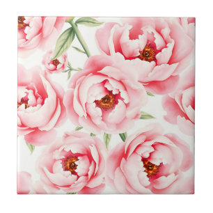 Pink Peony Blooms Watercolor Pattern Tile