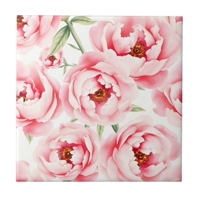 Pink Peony Blooms Watercolor Pattern Tile (Front)