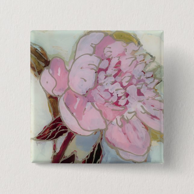 Pink Peony Blossom 2 Inch Square Button (Front)