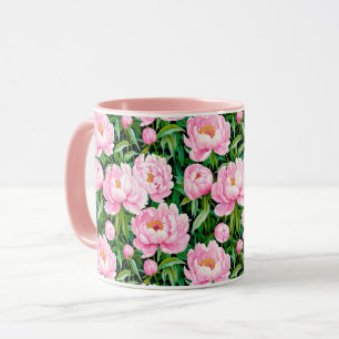 Pink Peony Blossoms on a Leafy Background  Mug